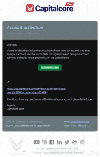активация учетной записи в сapitalcore