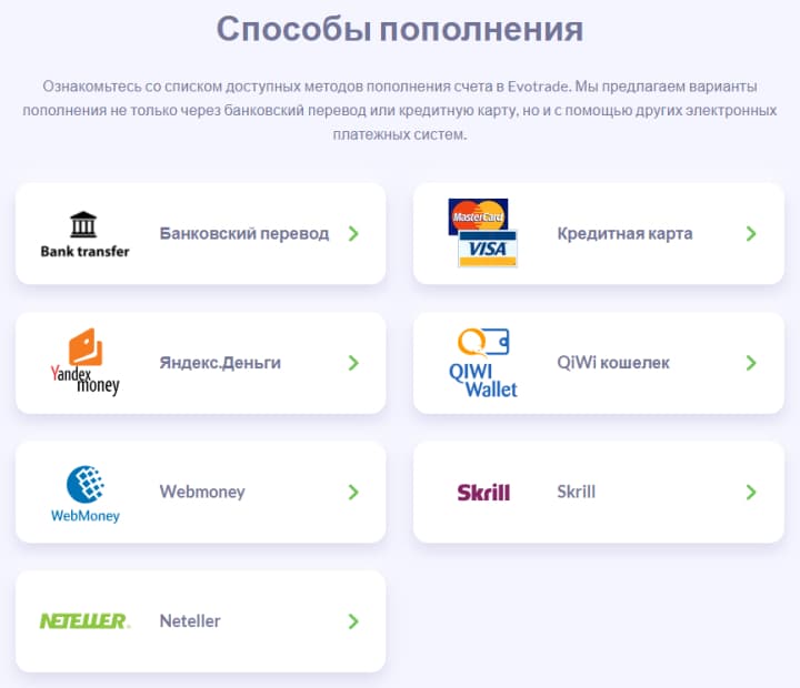 способы пополнения счета в evotrade