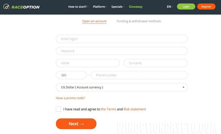 регистрационная форма RaceOption