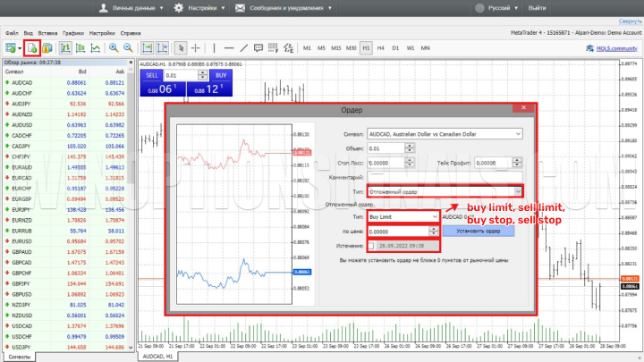 Параметры отложенного ордера