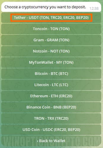 choosing cryptocurrency to top up your crypto wallet