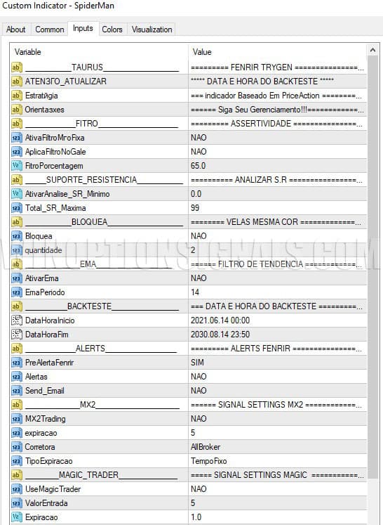 settings in Spider Fibo