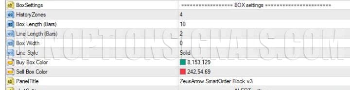settings in the box settings section in ZeusArrows Smart Order Block
